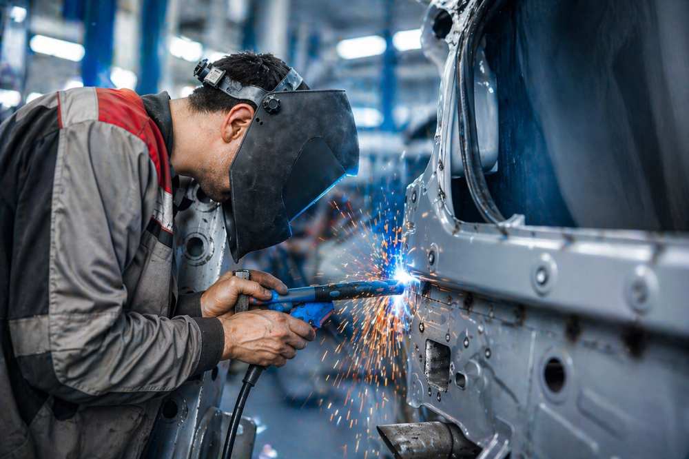 Mechaniker schweißt mit Schutzmaske ein Autoteil; blaue Lichtreflexe und Funkenflug in einer dunklen Werkstatt.